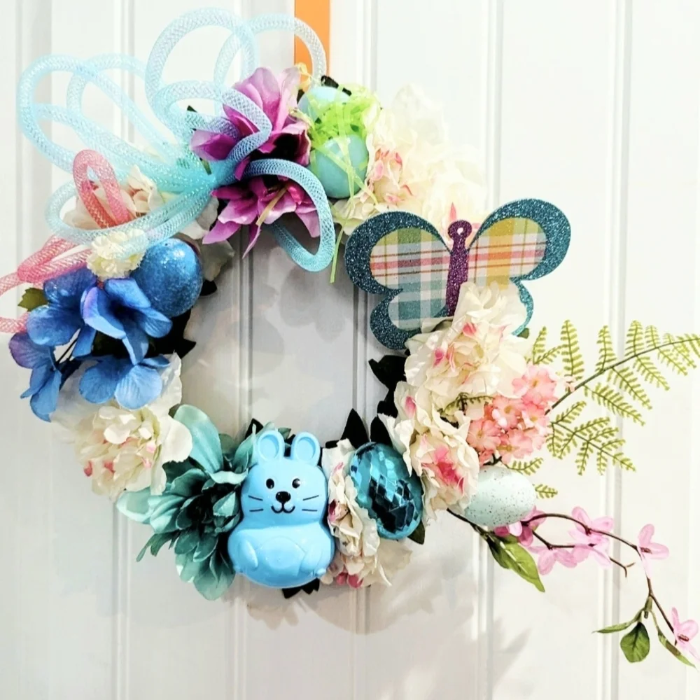 Springtime Floral Wreath with Blue Accents